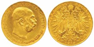 Austria, Franz Joseph I, Gold 20 Corona, 6.77g, 1915 (KM 2818). Restrike Extremely Fine.