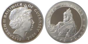 Bailiwick of Guernsey, Elizabeth II, Silver 5 Pounds, 28.28g, 2006, obv. Portrait bust of 