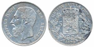Belgium, Leopold II, Silver 5 Francs, 24.82g, 1870, (KM 24). Very Fine+, Rare.