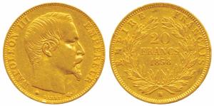 France, Napoleon III, Gold 20 Francs, 6.5g, 1858 BB, Strasbourg Mint, bare head (KM 781.2)