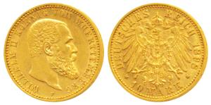 German State, Wurttemberg, Wihelm II, Gold 10 Mark, 3.98g, Freudenstadt Mint, 1898, obv. h