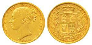 Great Britain, Victoria Queen, Gold Sovereign, 8g, 1854, Young head, Shield on rev. (KM 73