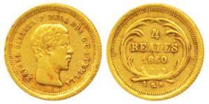 Guatemala, Gold Cuatro / 4 Reales, 0.83g, 1860R (KM 135). Very Fine+, Very Rare.
