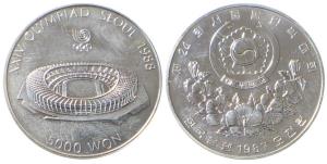 Korea, XXIV Olympiad Seoul, Silver, The Olympic Stadium in Seoul, 5,000 Won, 16.76g, 1988 