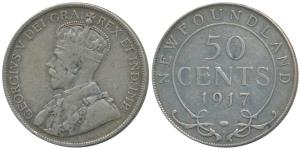Newfoundland, George V, Silver 50 Cents, 11.78g, 1917C, (KM 12). Very Fine, Rare.