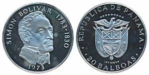 Panama, Silver 20 Balboas, 130g, 1976, Simon Bolivar. Proof, within plastic case of issue.