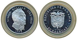 Panama, Silver 20 Balboas, 130g, 1976, Simon Bolivar. Proof, within plastic case of issue.