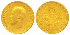 Russia, Czar Nicholas II, Gold 10 Roubles, 8.6g, 1904, St. Petersburg Mint (KM Y64). Very 