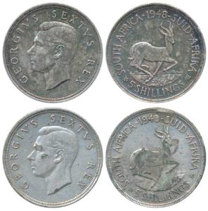 South Africa, George VI, Silver 5 Shillings, each 28.28g, .800 fine, 1948 & 1949 (KM 40.1)