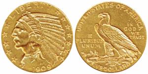 United States of America, Gold $5, 8.4g, Indian Head on obv., Motto ‘IN GOD WE TRUST’ behi