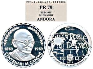 Andorra, Silver 10 Diners, 28.3g, featuring Mahatma Gandhi, 2011. Proof, Scarce.
