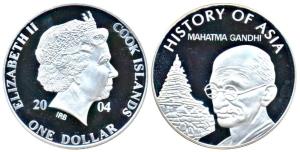 Cook Island, Silver Dollar, 25g, featuring Mahatma Gandhi, 2004. Proof.