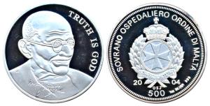 Malta, Silver 500 Liras, 30.28g, 2004, featuring Mahatma Gandhi. Proof, Scarce.