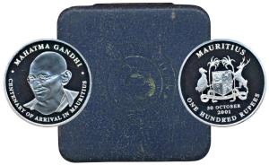 Mauritius, Silver 100 Rupees, 36.42g, 2001, Mahatma Gandhi, centenary of arrival in Maurit