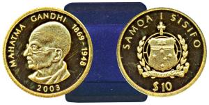 Samoa, Gold 10 Dollar, 1.25g, featuring Mahatma Gandhi, 2003. Proof, in original box of is