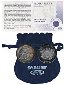 South Africa, Silver Rand, 15g, 2008, obv. bust of young Mahatma Gandhi with his signature