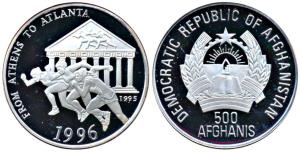Afghanistan, Silver 500 Afghanis, 22g, 1996, Athens Olympics, obv. athletes with the Templ