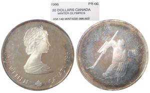 Canada, Queen Elizabeth II, Silver 20 Dollars, 1986, Winter Olympics (KM 148). Graded by P