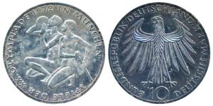 Germany, Silver 10 Mark, 15.5g, 1972, Munich Olympics series, obv. male and female Athlete