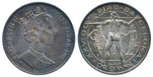 Gibraltar, Elizabeth II, Silver Crown, 28.5g, 1991, Barcelona Olympics, obv. man facing le