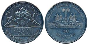 Haiti, Silver 50 Gourdes, 21.5g, 1980, Moscow Olympics, obv. the Olympic torch flanked by 