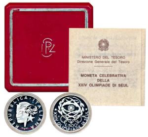 Italy, Silver 500 Lire, 11g, 1988, Seoul Olympics, an Olympic torch and a face. Proof, in 