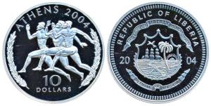 Liberia, Silver 10 Dollars, 31g, 2004, Athens Olympics, obv. athletes running. Proof, in p