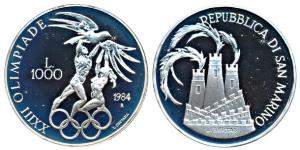 San Marino, Silver 1000 Lire, 14.6g, 1984, Los Angeles Olympics, obv. athletes reaching ou