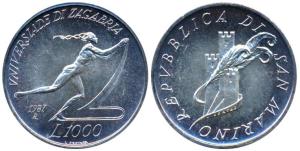 San Marino, Silver 1000 Lire, 14.7g, 1987, Seoul Olympics, an athlete running. Uncirculate