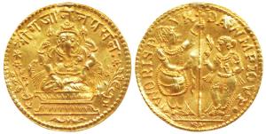 Temple Token, Gold 2.9g, obv. Lord Ganesha seated, with Shri Gajanan Prasana in Nagari at 
