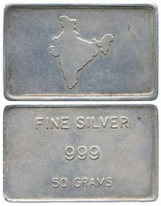 Silver bar, 50g, obv. map of India, rev. Fine Silver 999. Modern, Extremely Fine, Scarce