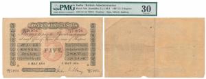 Government of India, Uniface, Rupees 5, red under print, Bombay circle, signed M. M. S. Gu