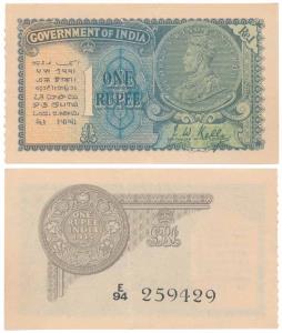 George V, Rupee 1, 2nd issue, 1935, signed J. W. Kelly, Prefix E, (J&R 3.2.1A). Nice paper