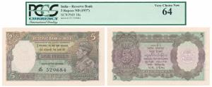 George VI, Rupees 5, 1st Issue, 1938, signed J. B. Taylor, Prefix J (J&R 4.3.1). Graded by