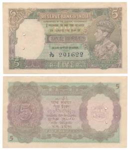 George VI, Rupees 5, 1st issue, 1944, signed C. D. Deshmukh, Prefix L (J&R 4.3.2). About E