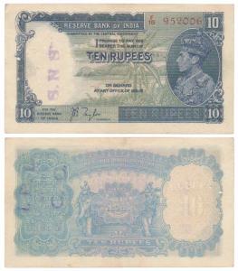 George VI, Rupees 10, 1st issue, 1938, signed J. B. Taylor, prefix F (J&R 4.5.1). Very Fin