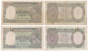 Burma, George VI, Rupees 5 (2), 1945, signed C. D. Deshmukh, black overprint Military Admi
