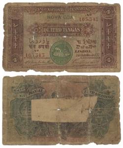 Indo-Portuguese, Quatro / 4 Tangas, 2nd issue, 1917, Banco Nacional Ultramarino, green sea
