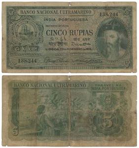 Indo-Portuguese, Cinco / 5 Rupias, 6th issue, 1945, Banco Nacional Ultramarino, (J&R 12.29