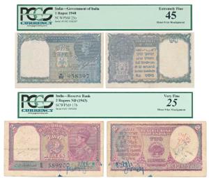 George VI, Rupee 1, 1944, signed C. E. Jones, Error; Rupee 2, 1943, signed C. D. Deshmukh,