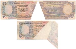 Rupees 50, signed C. Bimal Jalan, Error, paper fold while printing across the note, such t