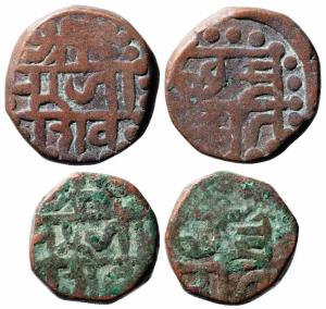 Dotted ‘Shivrai’ issued at the time of coronation, 11.750g & 7.80g, Obv. Shree / Raja / Sh