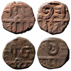Two coins each of 9.90g, Obv. Shree / Raja / Sheeu, Rev. Chhatra / Pati