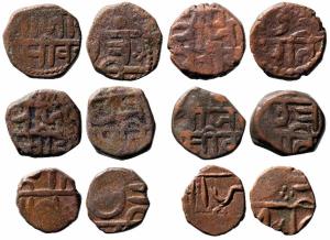 10.200g; 10.200g; 9.700g; 8.900g; 6.300g & 4.00g, Obv. Shree / Raja / Seev, Rev. Chhatra /