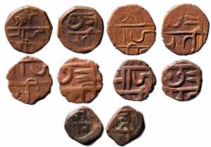 8.800g(square); 8.500g; 8.300g; 7.700g & 6.30g, Obv. Shree / Raja / Seev, Rev. Chhatra / P