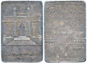 Silver Bar, Ms. Manilal Chimanlal & Co, 25 Tolas, 291.5g, obv. map of undivided India, rev
