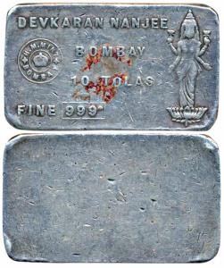 Silver Bar, Devkaran Nanjee, 10 Tolas, 116.2g, obv. name and logo of the company represent