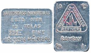 Silver Bar, Narrondass Manordass Refiners, 10 Tolas, 116.5g, obv. Bombay, logo of the comp