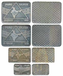 A set of 4 different Silver Bars, 25g, 20g, 10g & 5g, featuring the map of India, Uniface.
