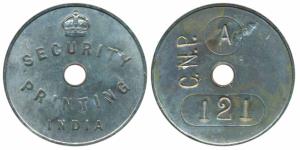 Gate Pass Copper Token, obv. Security Printing India surmounted by the English Crown, rev.